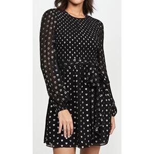 Shoshanna Walker Mini Dress Size 6 Black Silver Dot Heart Smocked Tie Waist
